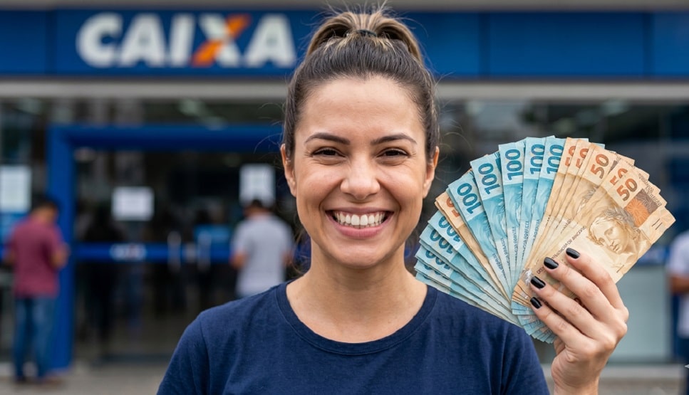 Mulher sorridente com coque alto segura leque de notas de 100 e 50 reais diante de agência da Caixa