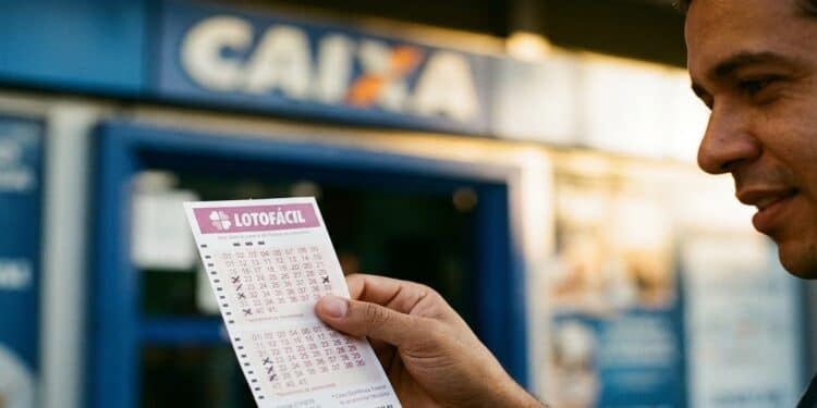 Homem sorridente segura bilhete da Lotofácil com dezenas marcadas diante de agência da Caixa Econômica Federal