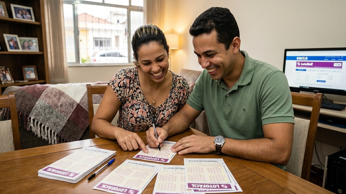 Casal sorridente marca bilhetes da Lotofácil na mesa, monitor ao fundo exibindo resultados