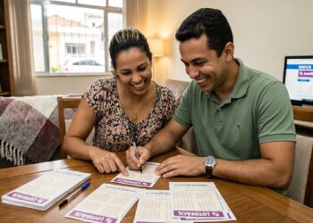 Casal sorridente marca bilhetes da Lotofácil na mesa, monitor ao fundo exibindo resultados