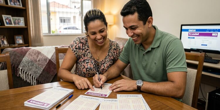 Casal sorridente marca bilhetes da Lotofácil na mesa, monitor ao fundo exibindo resultados