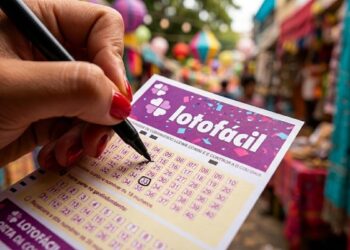 Mão feminina com unhas vermelhas marca números em volante da Lotofácil em feira ao ar livre colorida