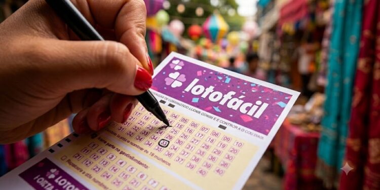Mão feminina com unhas vermelhas marca números em volante da Lotofácil em feira ao ar livre colorida