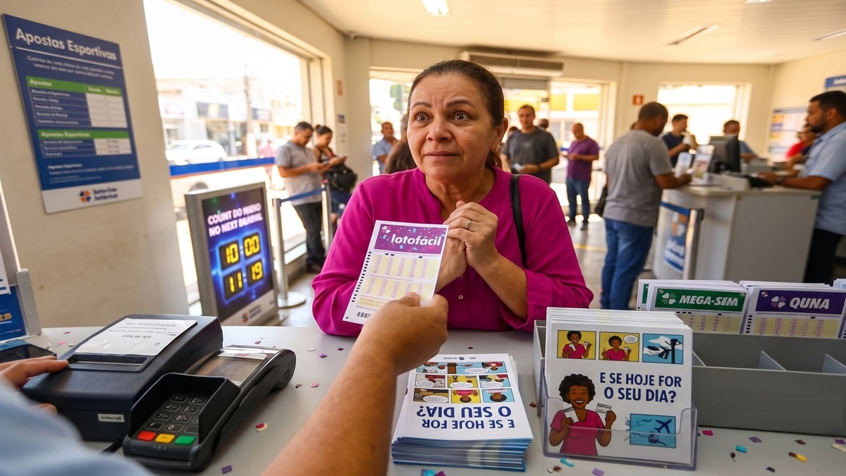 Mulher recebe bilhete da Lotofácil com expressão ansiosa em lotérica cheia, cartazes e panfletos visíveis