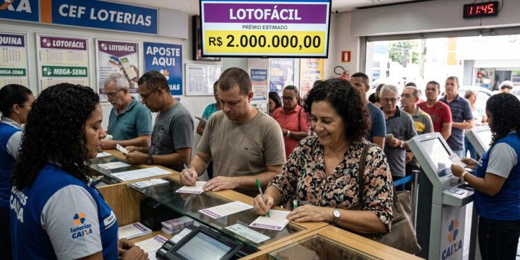 Grupo de pessoas preenchendo apostas da Lotofácil em lotérica da Caixa, com destaque para prêmio de 2 milhões