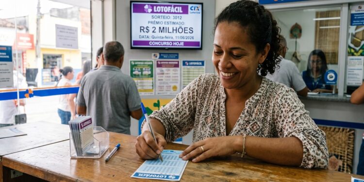 Mulher sorrindo preenche bilhete da Lotofácil em lotérica, tela exibe sorteio 3012, prêmio estimado e data 11/06/2026