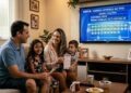 Família reunida no sofá assistindo ao sorteio da Lotofácil 3710 na TV e sorrindo
