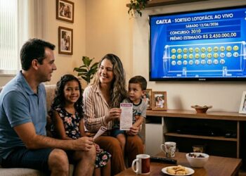Família reunida no sofá assistindo ao sorteio da Lotofácil 3710 na TV e sorrindo