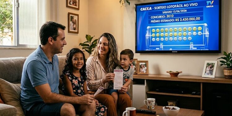 Família reunida no sofá assistindo ao sorteio da Lotofácil 3710 na TV e sorrindo