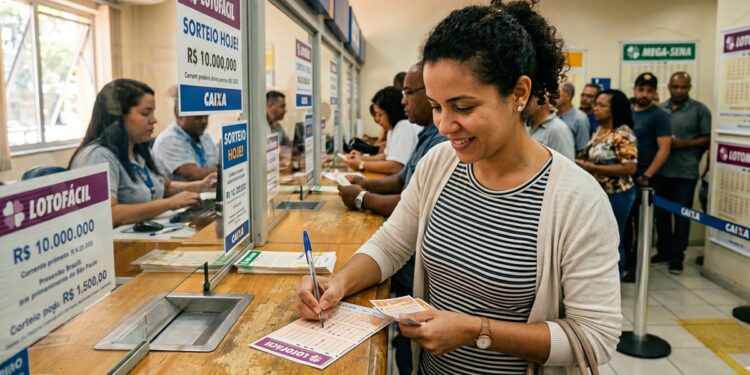 Mulher sorri ao preencher volante da Lotofácil em balcão de casa lotérica com placas de prêmio de R$ 10 milhões ao fundo