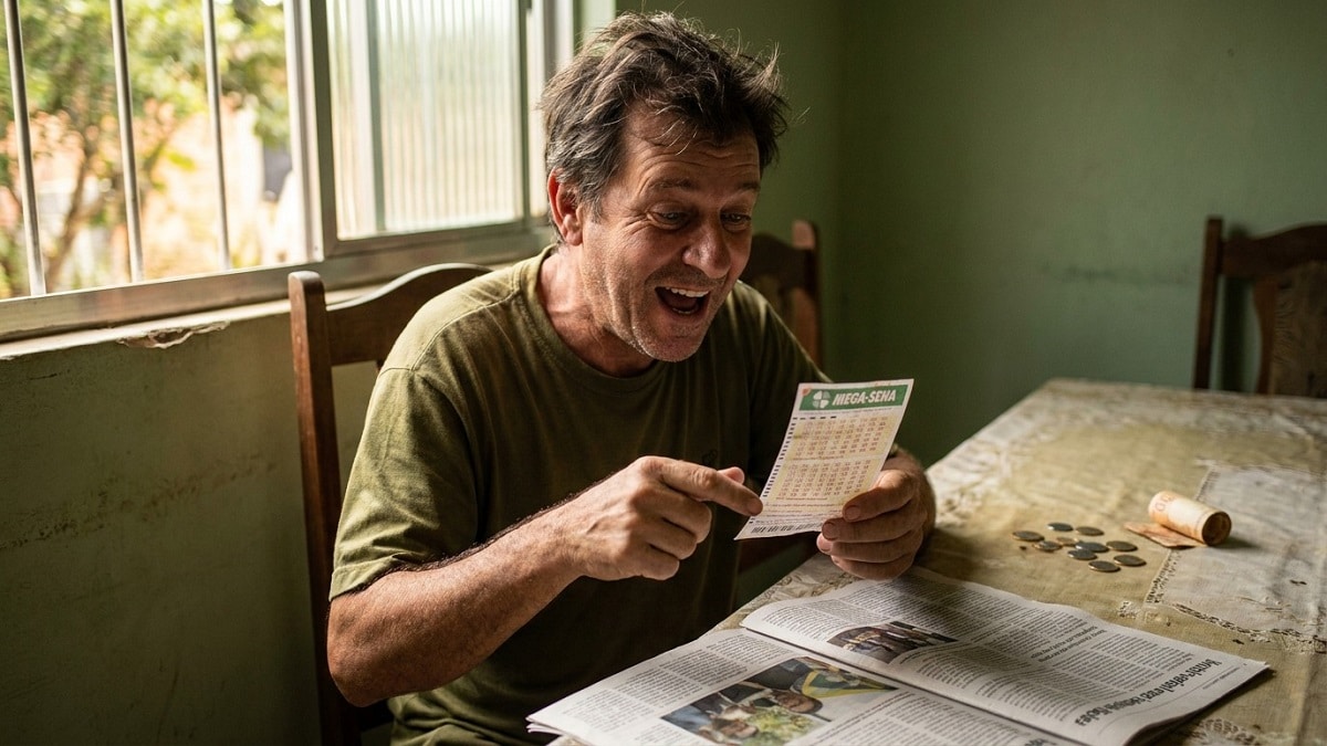 Homem sorridente aponta para bilhete da Mega-Sena ao lado de jornal e moedas na mesa