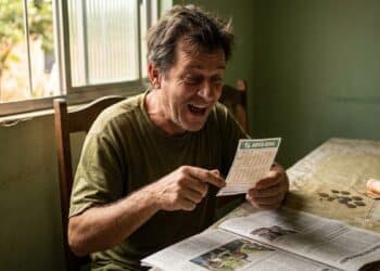 Homem sorridente aponta para bilhete da Mega-Sena ao lado de jornal e moedas na mesa