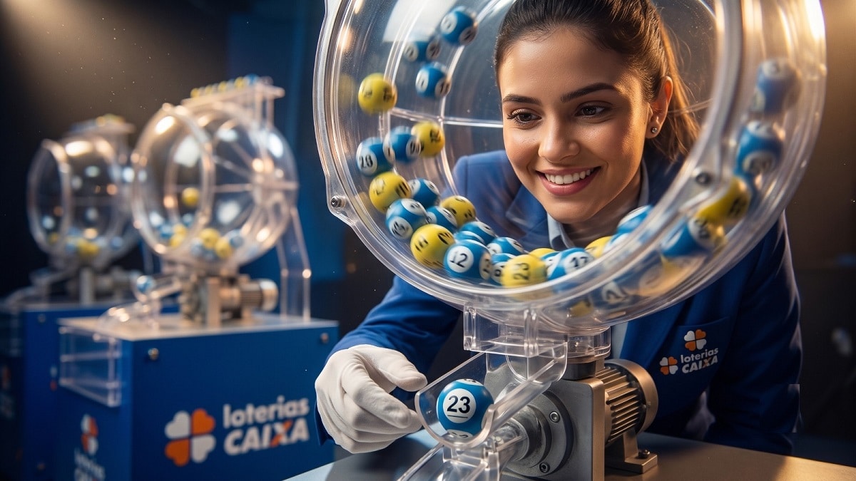 Mulher sorridente opera globo de sorteio das Loterias Caixa com bolas numeradas