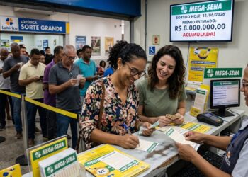 Pessoas em fila e mulheres sorrindo preenchem apostas para a Mega-Sena em lotérica
