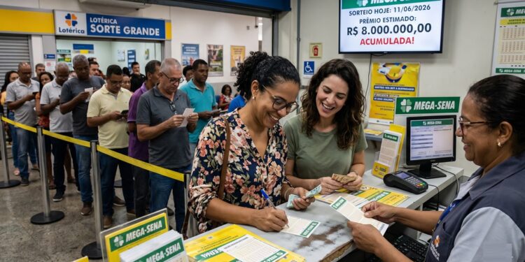 Pessoas em fila e mulheres sorrindo preenchem apostas para a Mega-Sena em lotérica