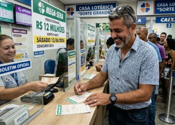 Homem sorridente aposta na Mega-Sena em lotérica cheia com cartaz de prêmio de R$ 12 milhões