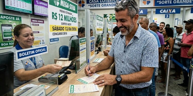 Homem sorridente aposta na Mega-Sena em lotérica cheia com cartaz de prêmio de R$ 12 milhões