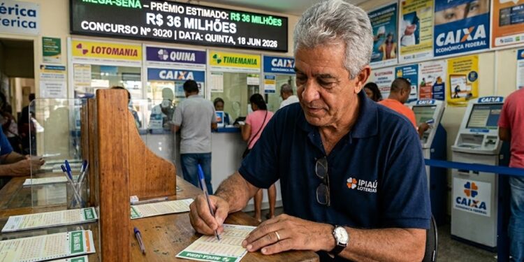 Homem grisalho marca bilhete na lotérica com cartazes da Mega-Sena e prêmio de R$ 36 milhões ao fundo