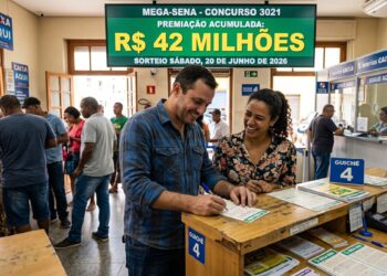 Casal sorridente preenche volante da Mega-Sena em lotérica movimentada com placa de prêmio acumulado
