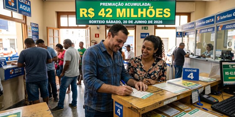 Casal sorridente preenche volante da Mega-Sena em lotérica movimentada com placa de prêmio acumulado