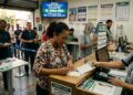 Pessoas preenchem apostas na lotérica com fila e atendente da Caixa orientando sobre o sorteio Mega-Sena 3022
