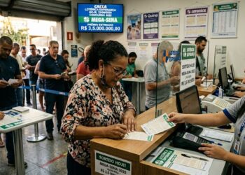 Pessoas preenchem apostas na lotérica com fila e atendente da Caixa orientando sobre o sorteio Mega-Sena 3022