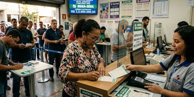 Pessoas preenchem apostas na lotérica com fila e atendente da Caixa orientando sobre o sorteio Mega-Sena 3022