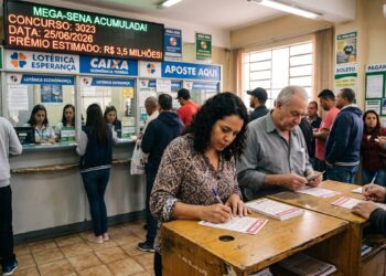 Pessoas preenchendo apostas na lotérica para o concurso 3023 da Mega-Sena, prêmio de R$ 3,5 milhões