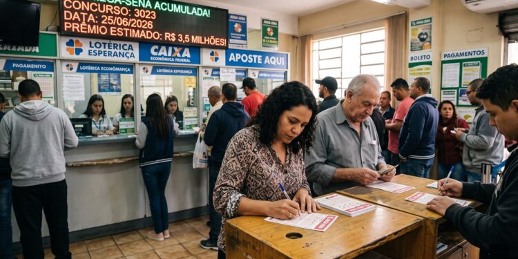 Pessoas preenchendo apostas na lotérica para o concurso 3023 da Mega-Sena, prêmio de R$ 3,5 milhões