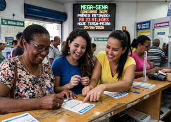 Três mulheres sorridentes apostam na Mega-Sena em lotérica cheia, painel exibe prêmio milionário