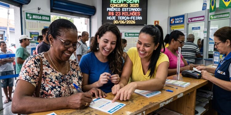 Três mulheres sorridentes apostam na Mega-Sena em lotérica cheia, painel exibe prêmio milionário