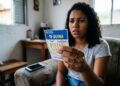 Mulher jovem de cabelos cacheados segura volante da Quina 7040 em sala de estar com luz natural