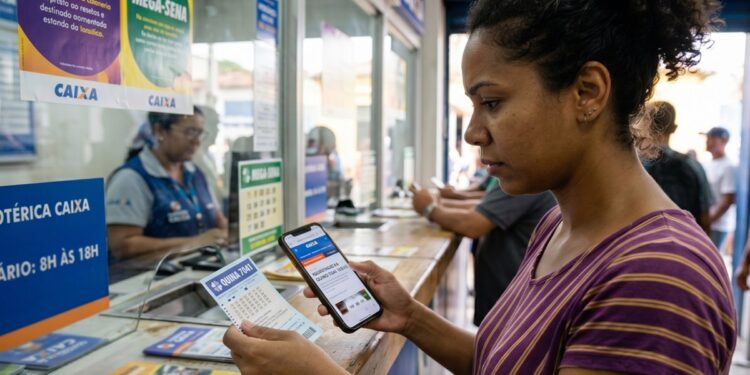 Mulher de blusa listrada roxa segura bilhete da Quina e celular em frente ao balcão de lotérica Caixa