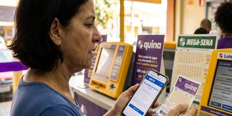Mulher de camiseta azul confere resultado da Quina no celular em lotérica com painéis da Quina e Mega-Sena