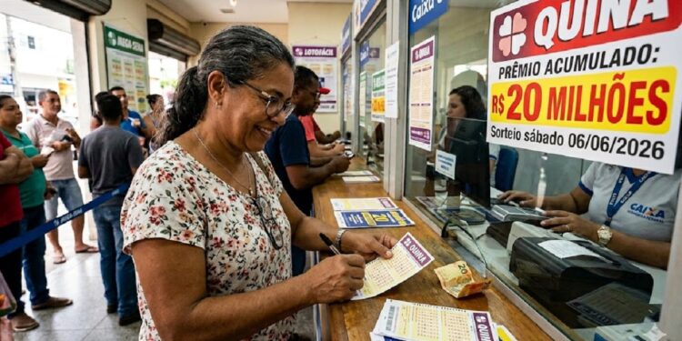 Mulher preenche bilhete da Quina em lotérica, cartaz anuncia prêmio de 20 milhões