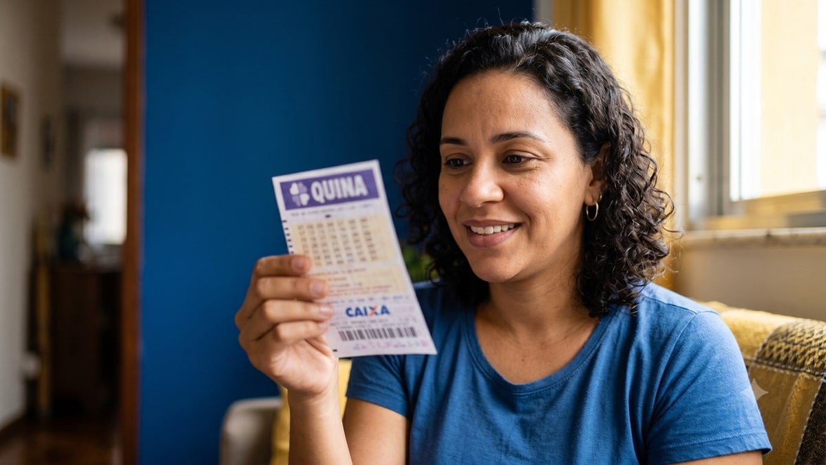 Mulher sorridente com cabelo cacheado segurando bilhete da Quina dentro de casa