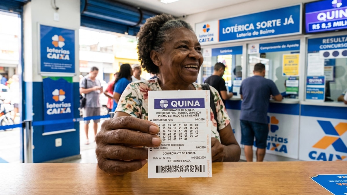 Mulher sorridente exibe bilhete da Quina 7046 em lotérica da Caixa, prêmio de R$ 8,5 milhões