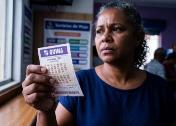 Mulher segura bilhete da Quina 7047, rosto sério, ambiente de lotérica ao fundo