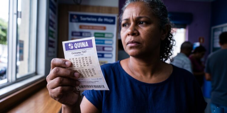 Mulher segura bilhete da Quina 7047, rosto sério, ambiente de lotérica ao fundo