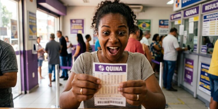 Mulher sorrindo com expressão surpresa segurando volante da Quina em casa lotérica cheia