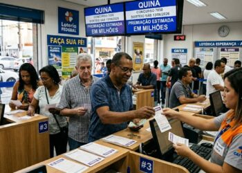 Pessoas comprando bilhetes da Quina 7050 em lotérica, destaque para painel de prêmio em milhões