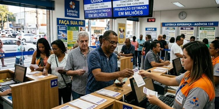 Pessoas comprando bilhetes da Quina 7050 em lotérica, destaque para painel de prêmio em milhões