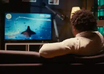 Homem assistindo televisão digital em sala moderna com foco em transmissão de canais comerciais e educativos.