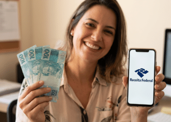 Mulher sorridente segura notas de R$100 e celular com logo da Receita Federal em escritório.