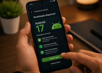 Pessoa toca na tela de celular para instalar atualização do Android 17, destaque para o botão “Atualizar agora”.