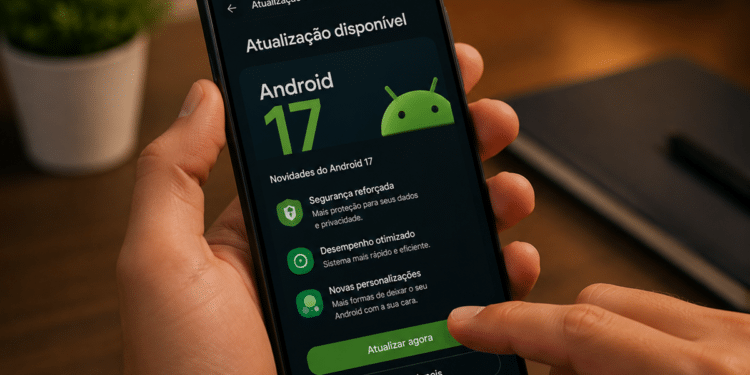 Pessoa toca na tela de celular para instalar atualização do Android 17, destaque para o botão “Atualizar agora”.