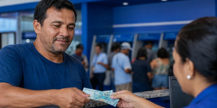 Trabalhador recebendo cédulas de real em agência bancária, representando o pagamento do Abono Salarial para casos de envio correto dos dados até 20 de junho.