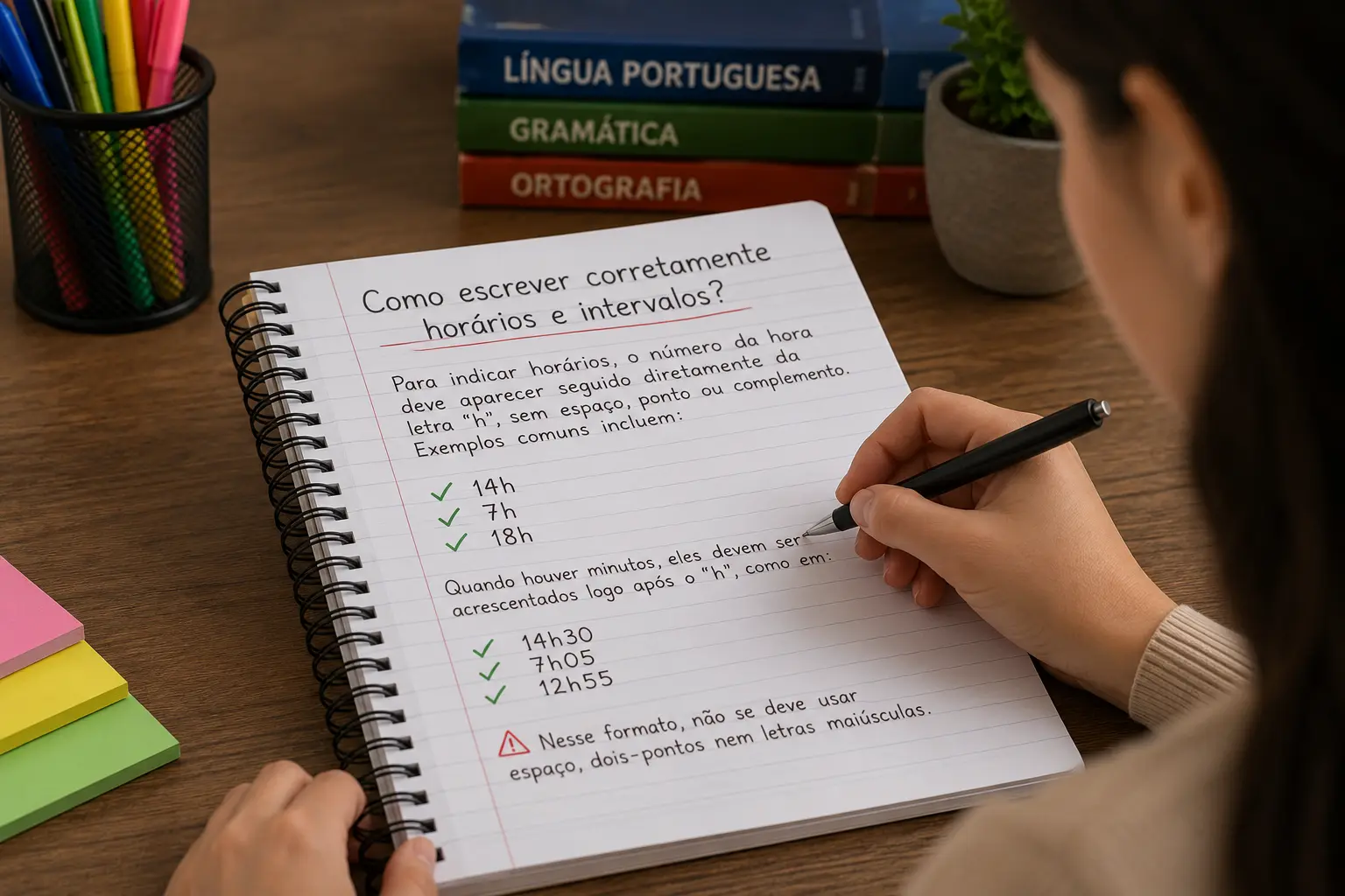 abreviação de horas Pessoa anotando em caderno exemplos corretos de abreviação de horas e minutos em português.
