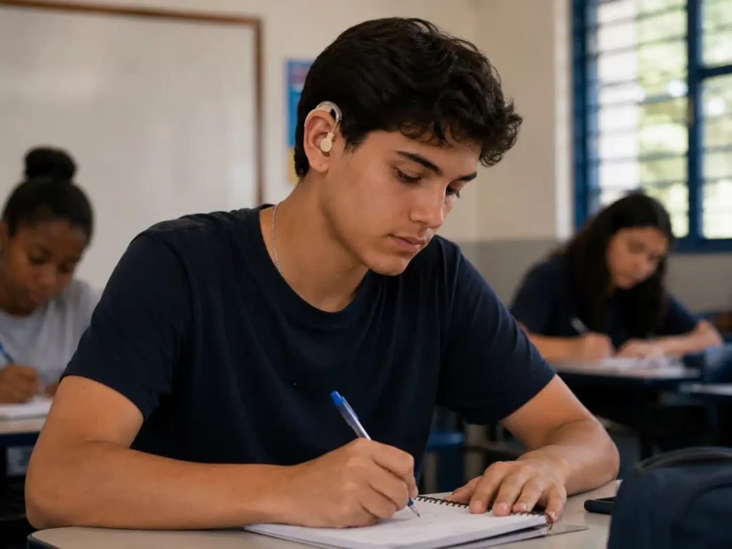 Estudante com aparelho auditivo escrevendo em sala de aula durante prova, representando a acessibilidade no Enem 2026.