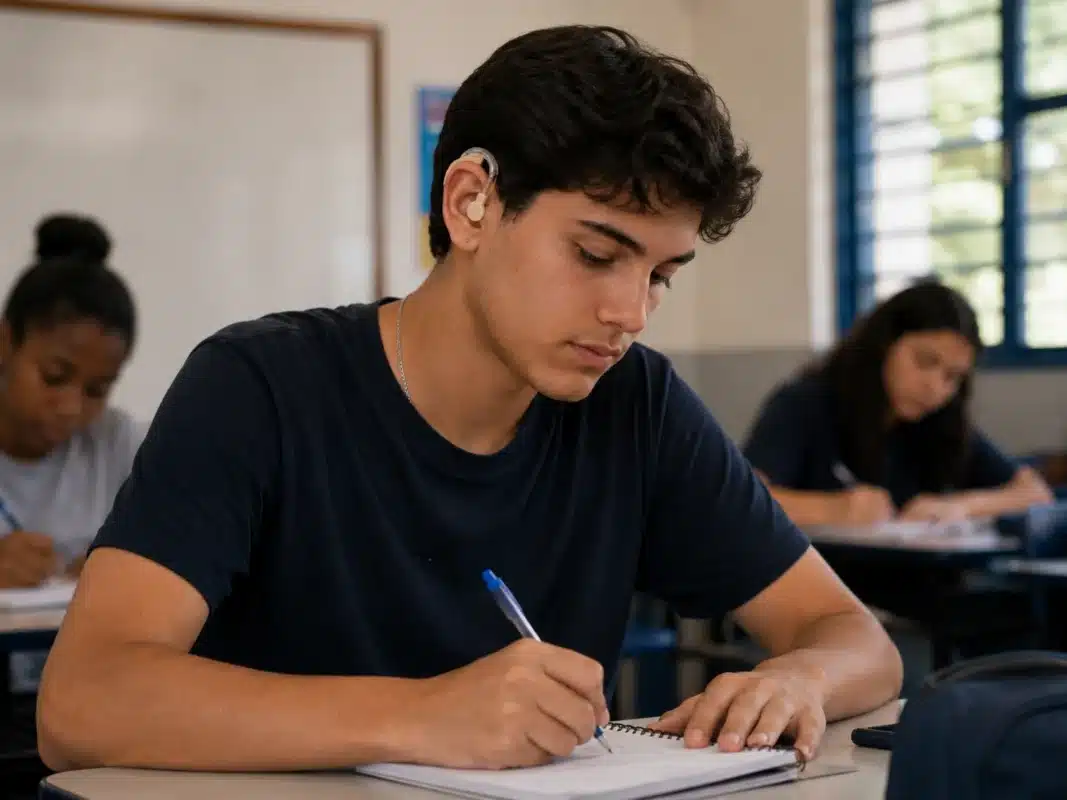 Estudante com aparelho auditivo escrevendo em sala de aula durante prova, representando a acessibilidade no Enem 2026.